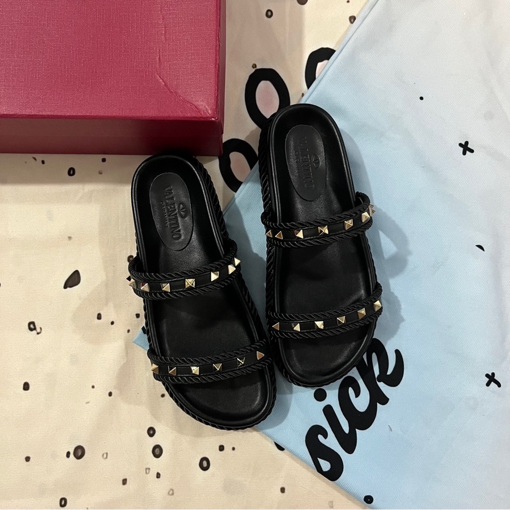 Valentino Black Studded Double-Strap Leather Slide Mules